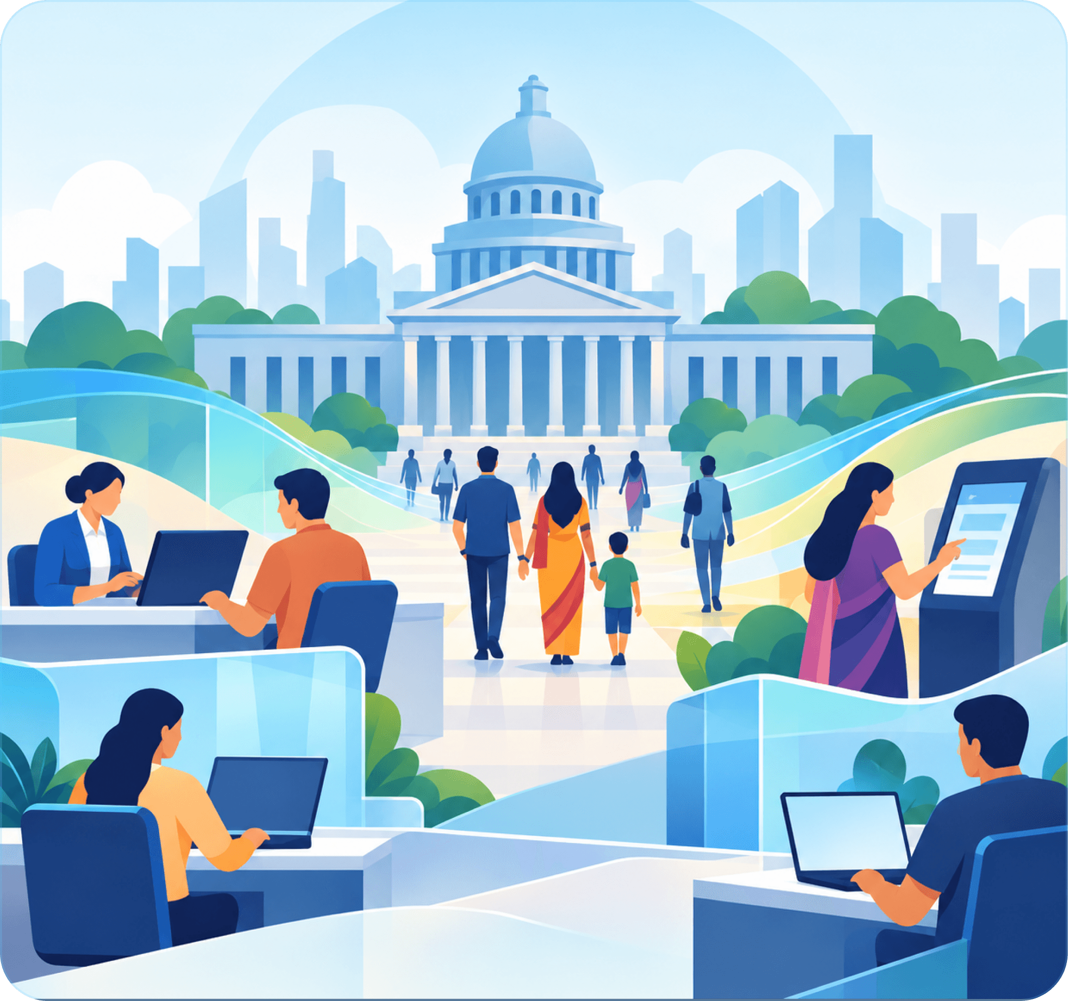 Citizens and public servants using digital services at desks and kiosks in front of a government building